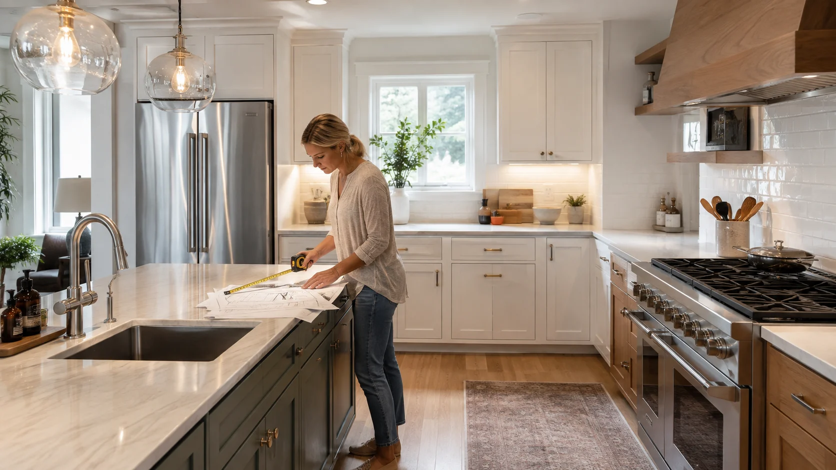 A high-efficiency 10x10 kitchen layout with integrated floor-to-ceiling pantry storage and concealed appliances