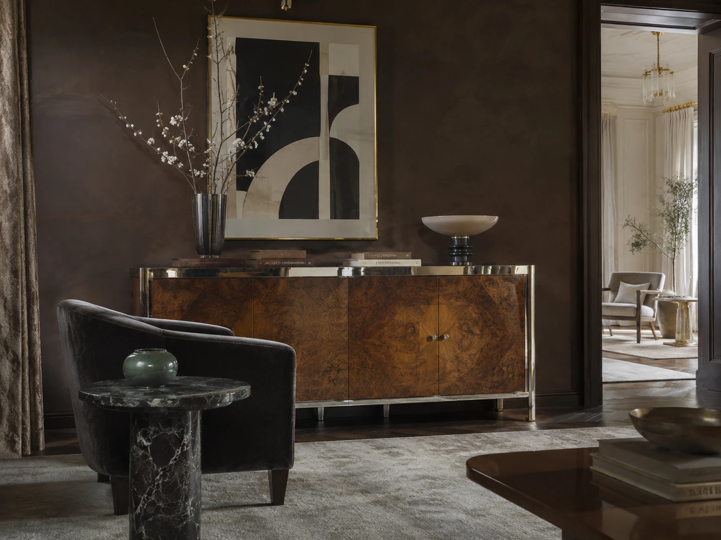 Authentic 1920s Art Deco inspired living room with geometric streamlined wood furniture, chrome accents, and deep brown walls.