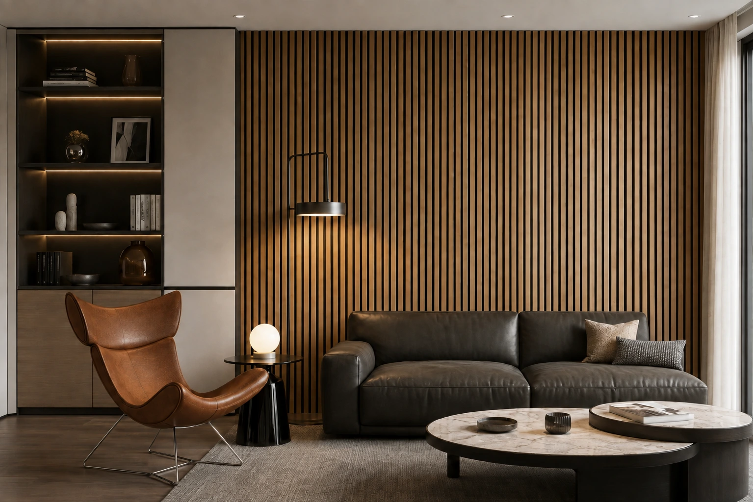Acoustic wood slat panels mounted on sound-dampening PET felt backing achieving an NRC rating of 0.85