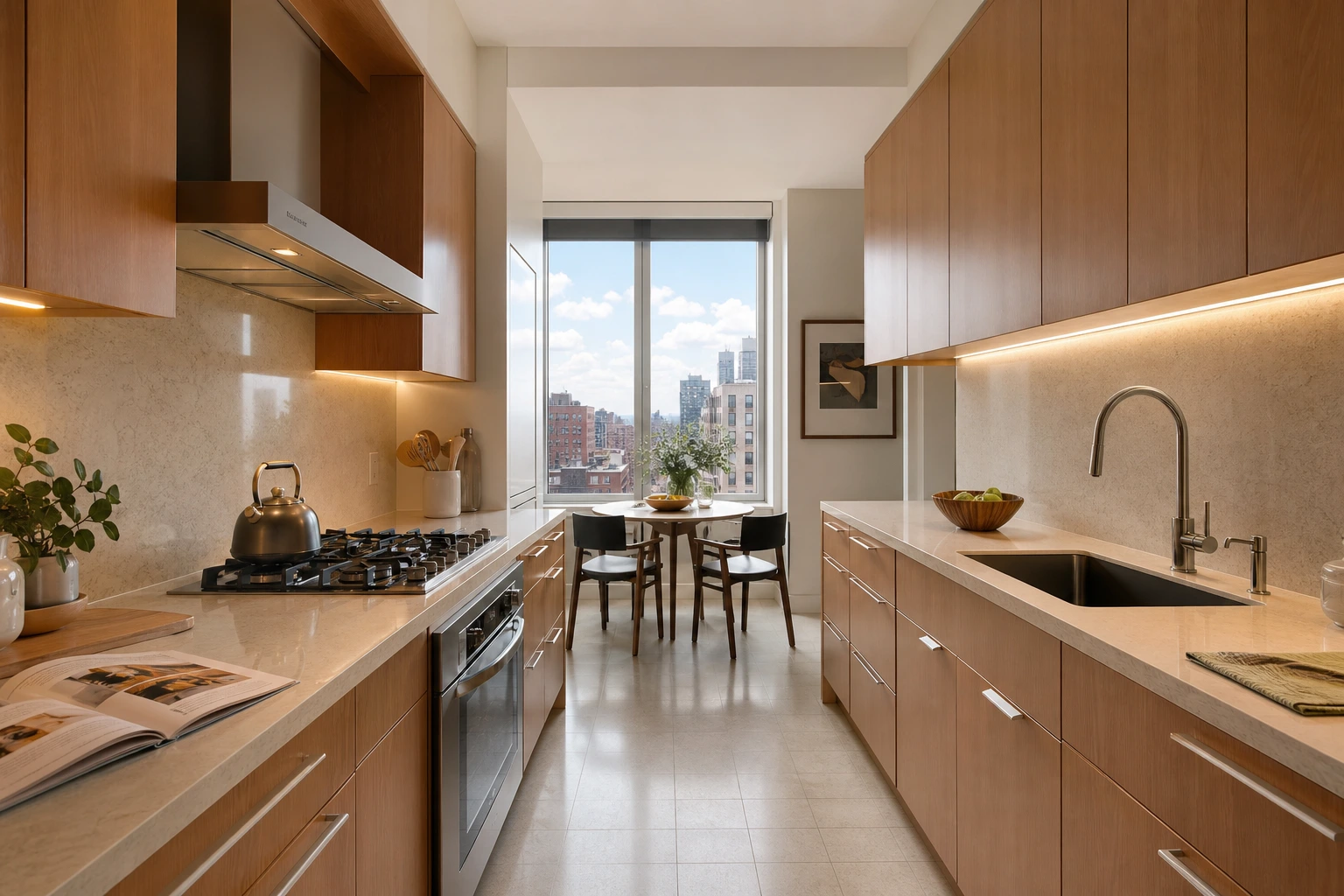 Galley kitchen layout for space-saving