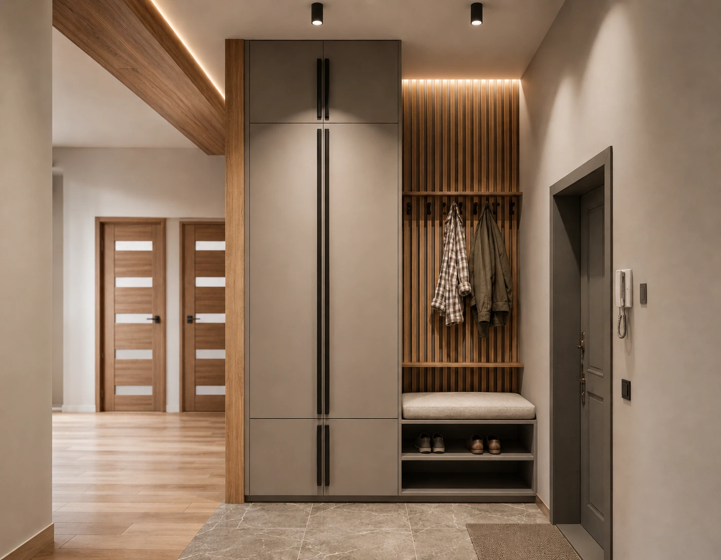 A shallow wall-mounted floating console unit preserving 36 inches of clear walking corridor