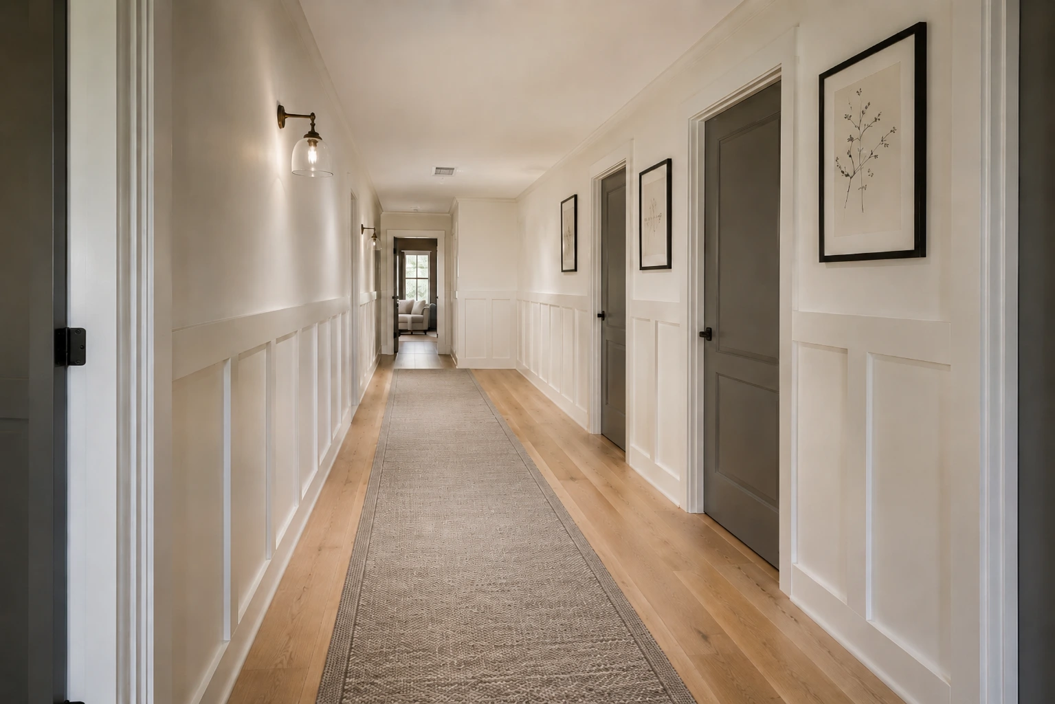 A tailored runner rug placed in a residential hallway maintaining a consistent 5-inch hardwood reveal margin
