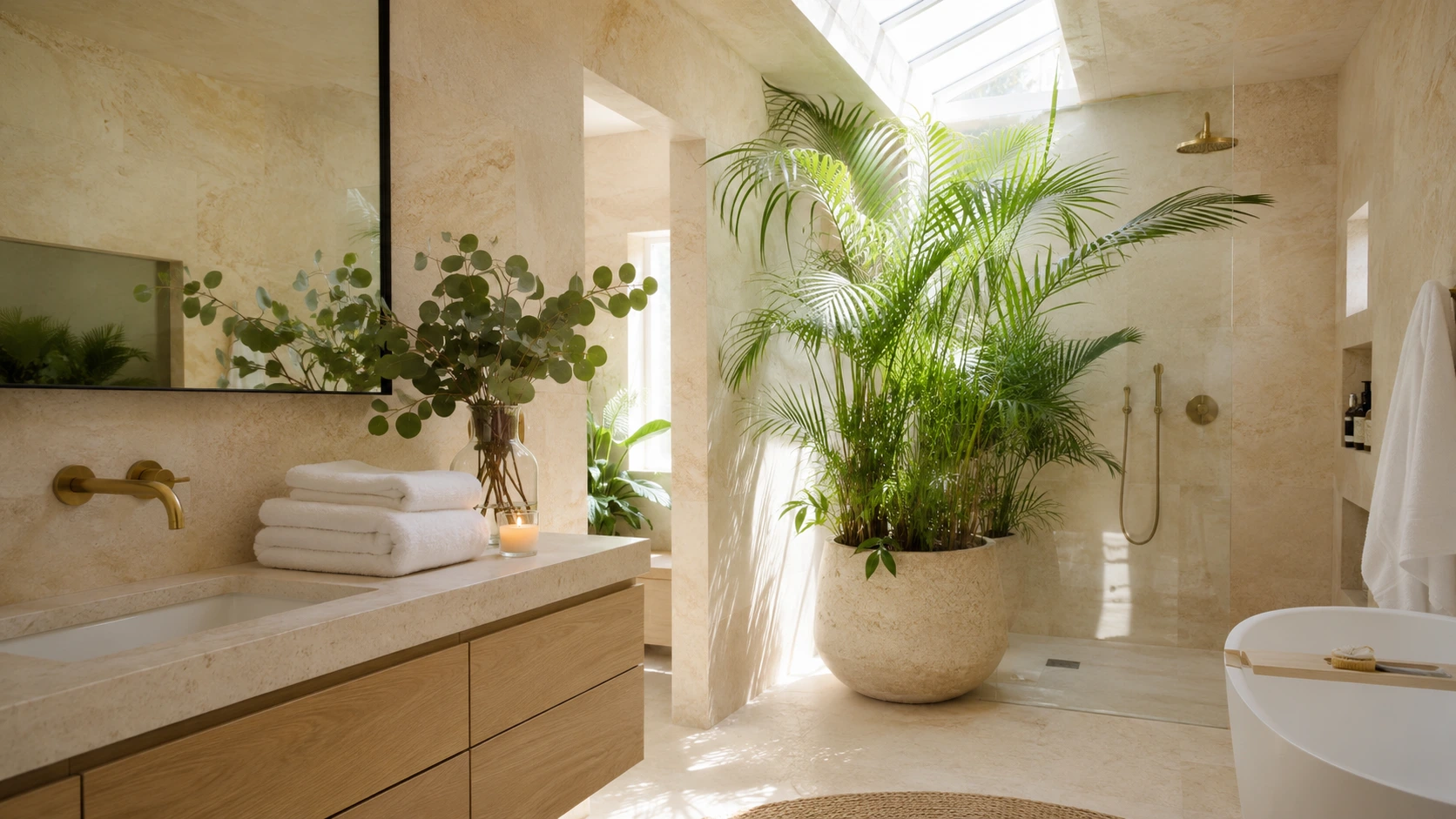 A luxurious bright spa bathroom with natural light and stone textures