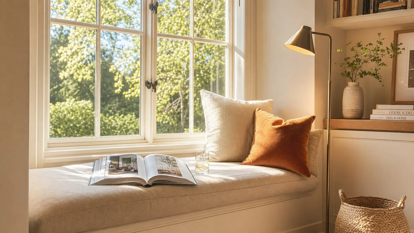 A reading nook built into an alcove with warm task lighting and a window seat