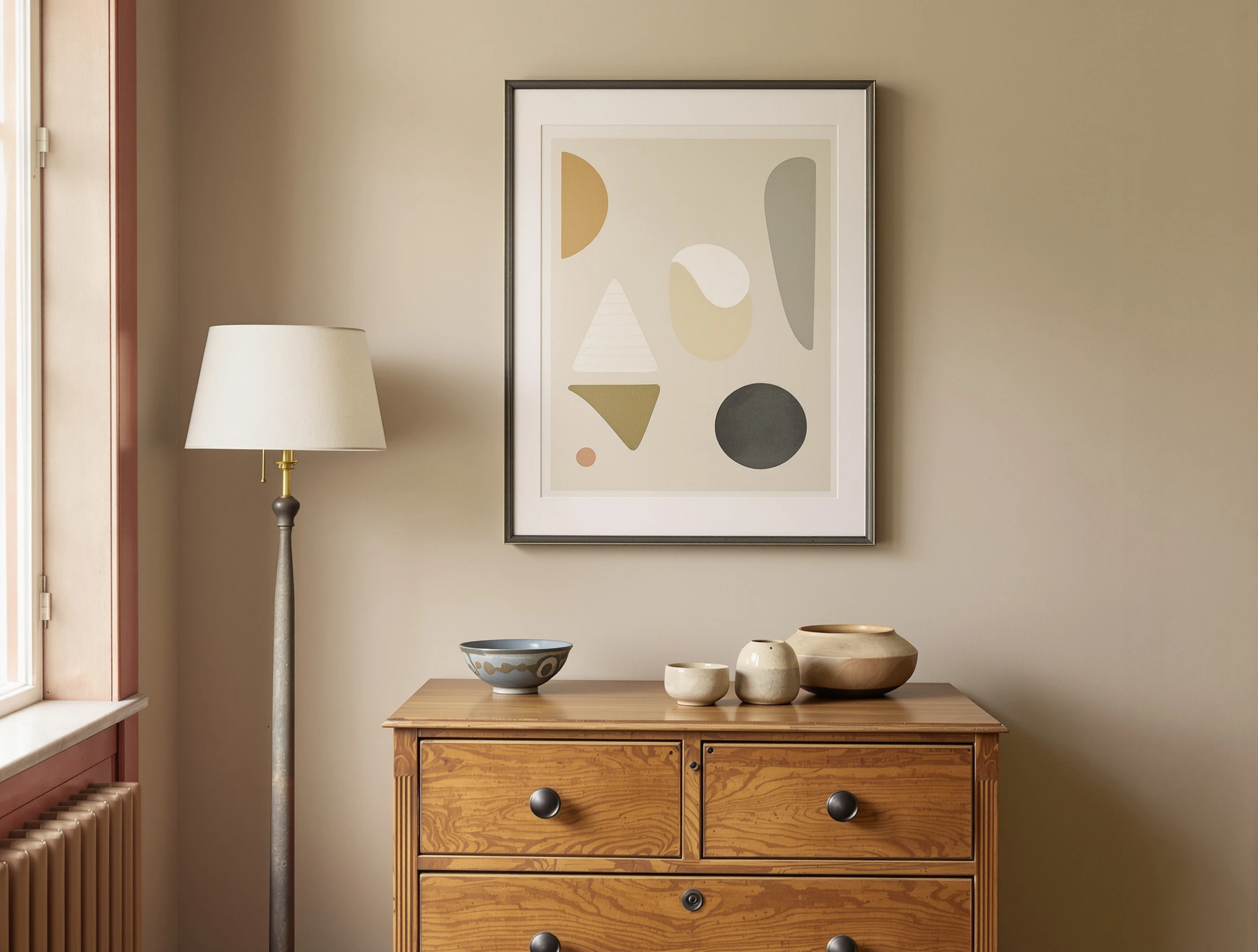 A cozy collected interior with vintage artwork framed above a rustic wooden sideboard