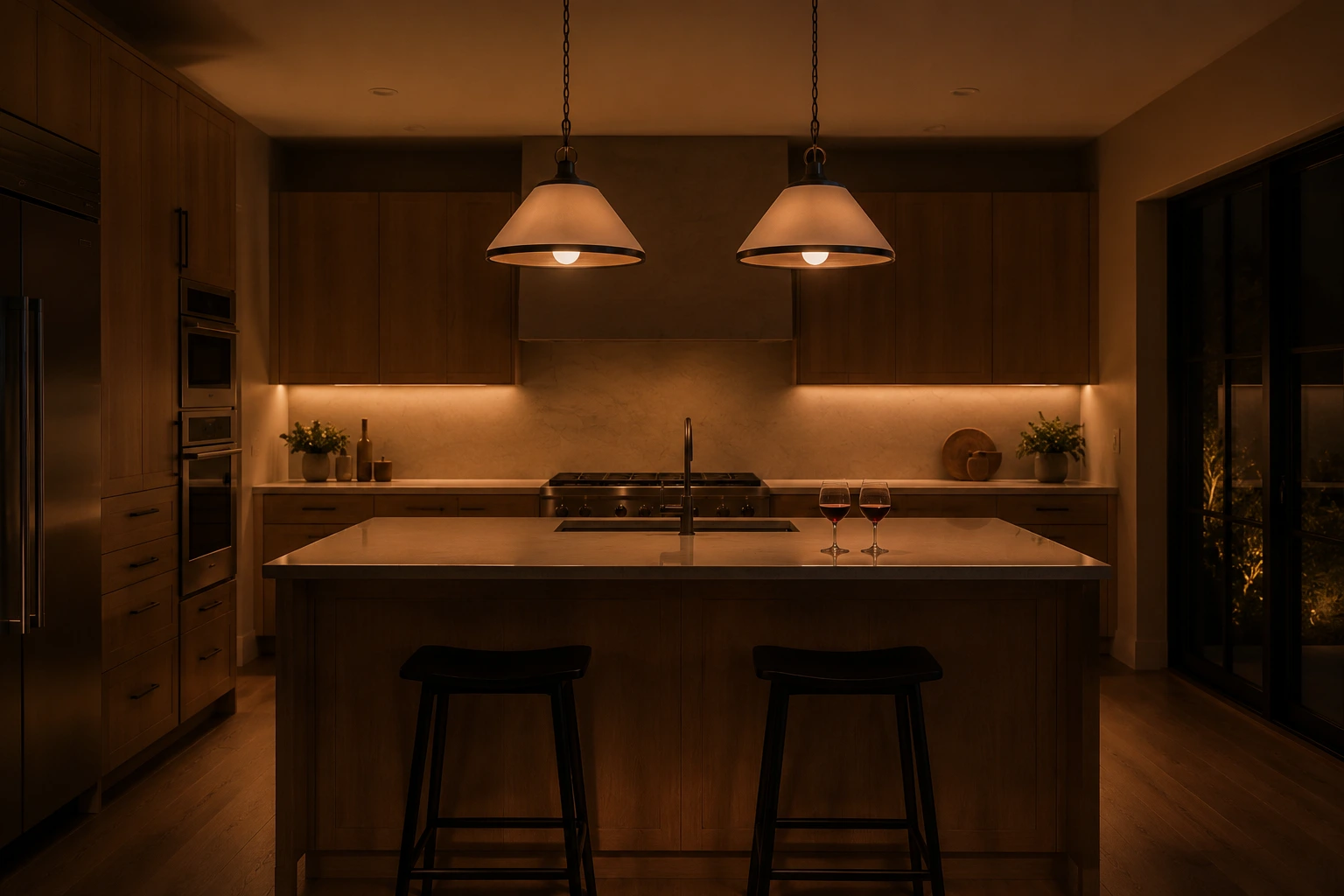 A beautifully lit luxury kitchen at dusk featuring layered sconces and warm undermount LEDs