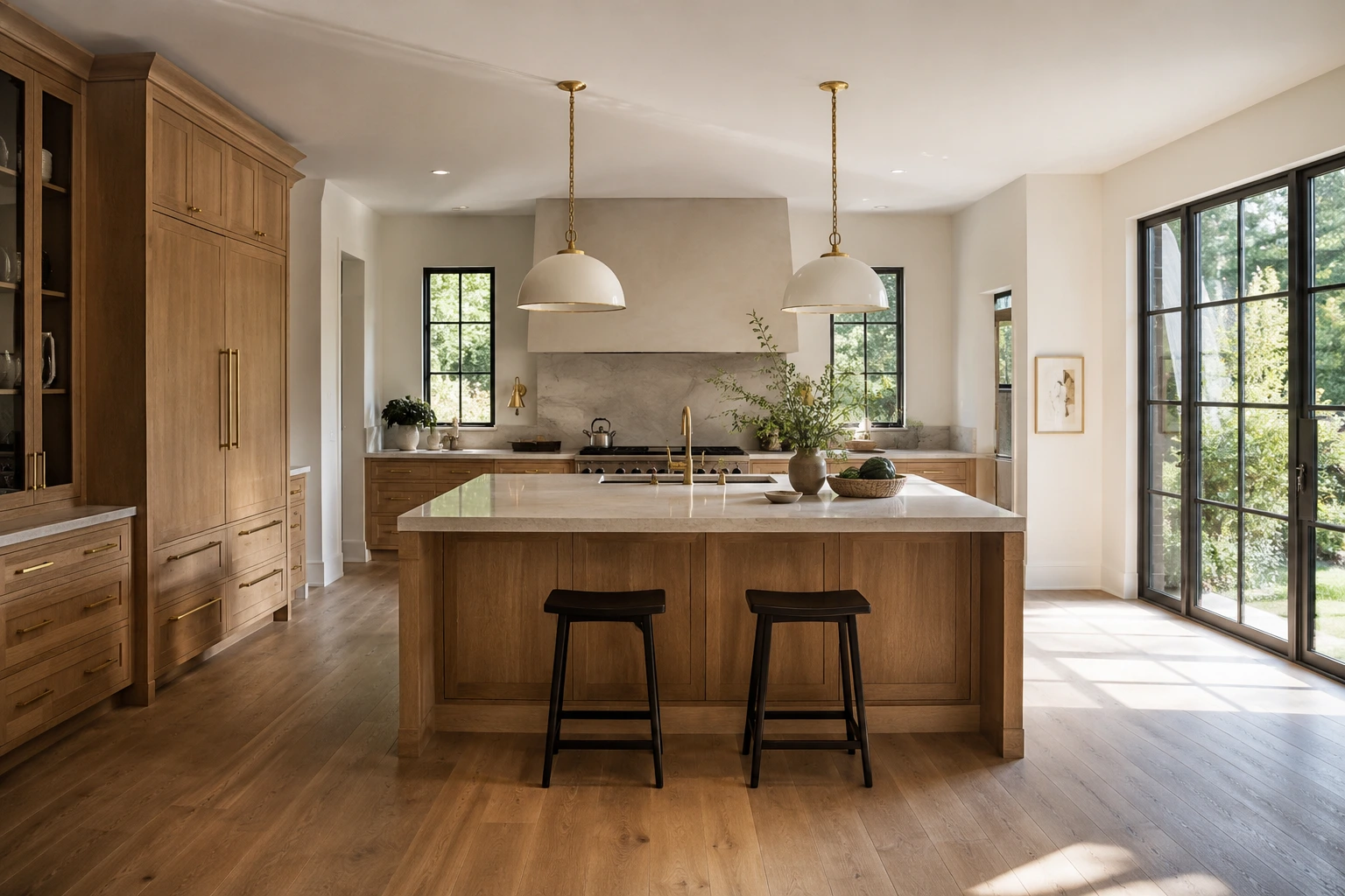 A luxury timeless kitchen design featuring high-end dark cabinetry and warm marble accents