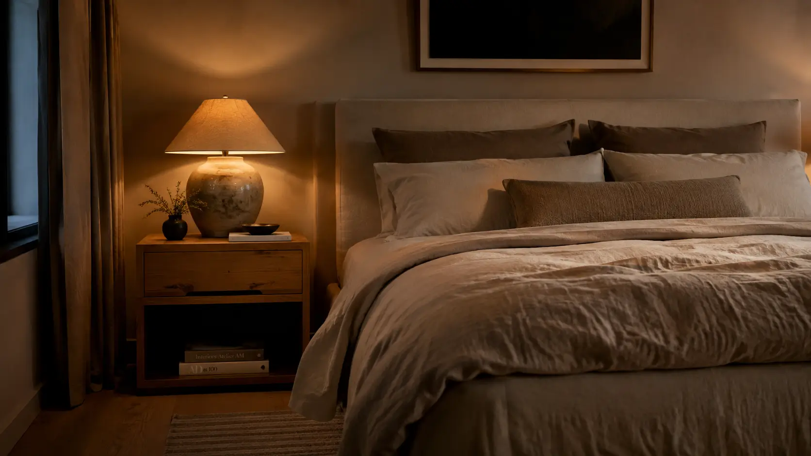 Warm minimalist bedroom featuring warm 2700K ambient lamp lighting and layered organic textiles