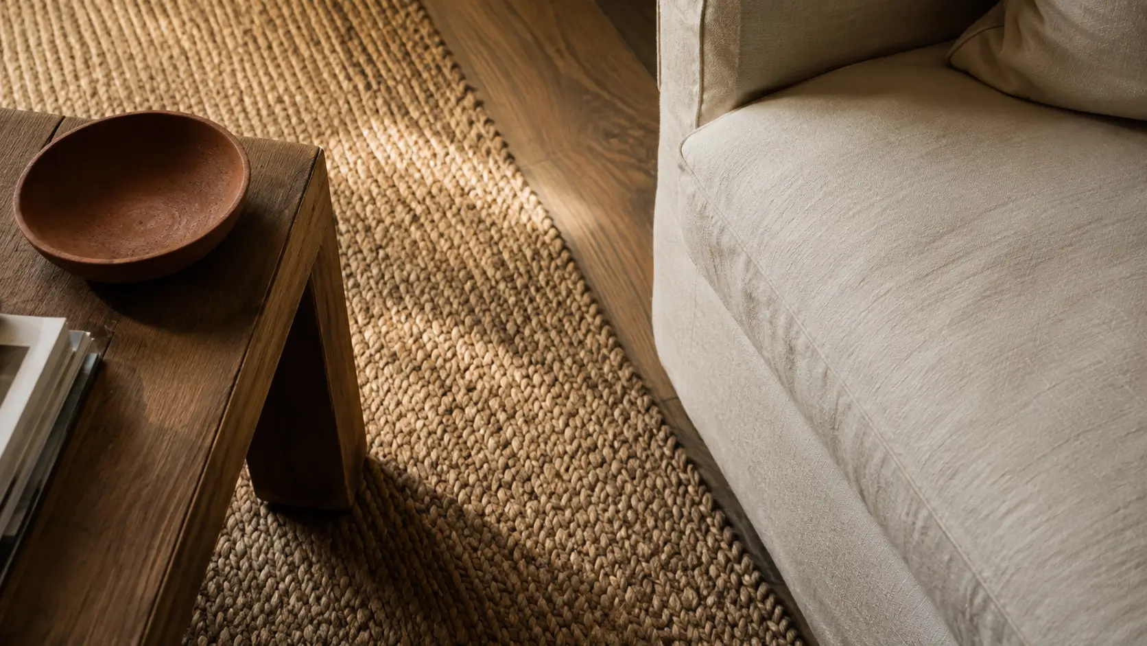 Tactile material contrast featuring jute, smooth linen, and matte ceramic