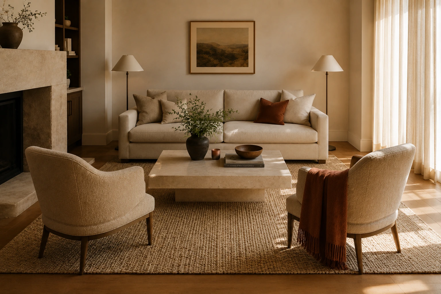 A perfectly scaled organic wool rug anchoring a luxury modern sofa arrangement