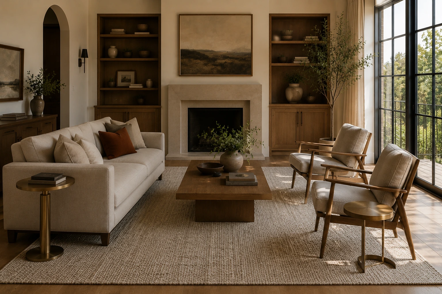 Layered living room lighting at dusk featuring low-profile warm floor lamps and dim table lights