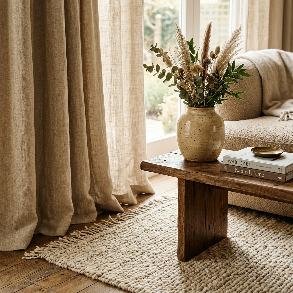 A beautifully styled corner with textured linen curtains and a rustic wooden table with dried florals