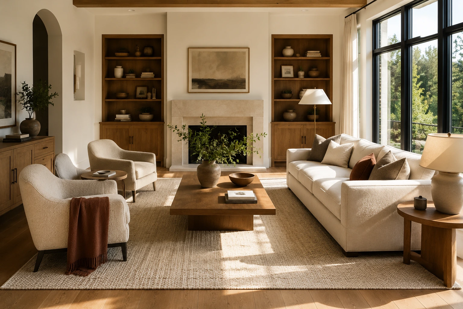 A luxury cozy living room with soft warm textures and layered lighting