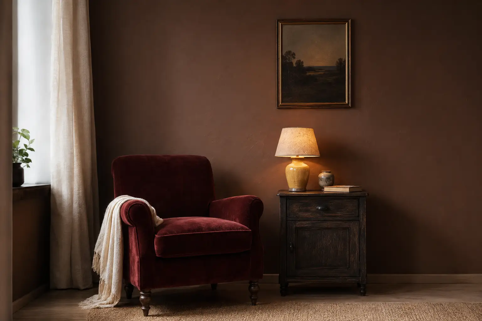 Warm autumn winter 2026 decorating trends living room featuring chocolate brown walls, deep burgundy velvet armchair, and warm timber accents.