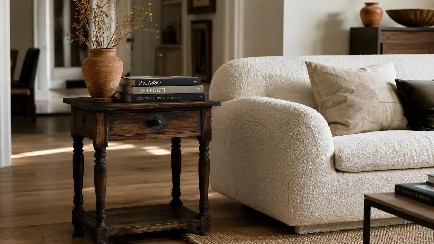 Curated collected home interior styling combining an authentic antique dark wood table with a contemporary cream sofa and collected ceramics.