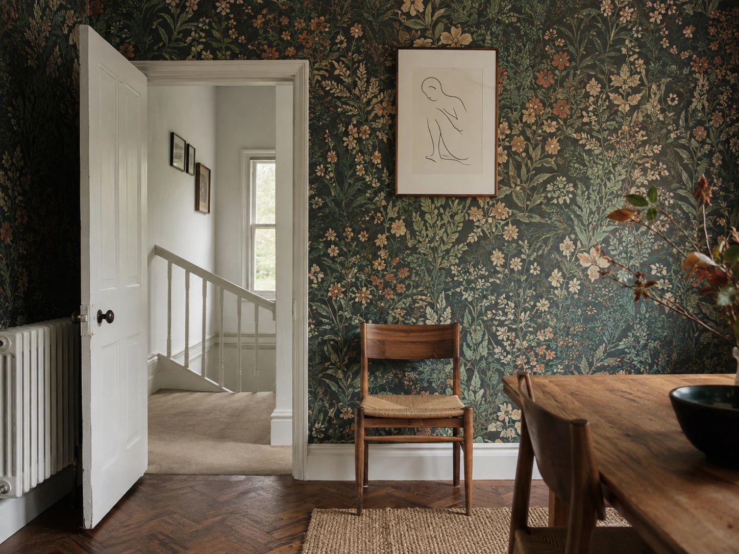 Full-room rich heritage floral wallpaper with forest green and rust tones in an autumn 2026 dining space.