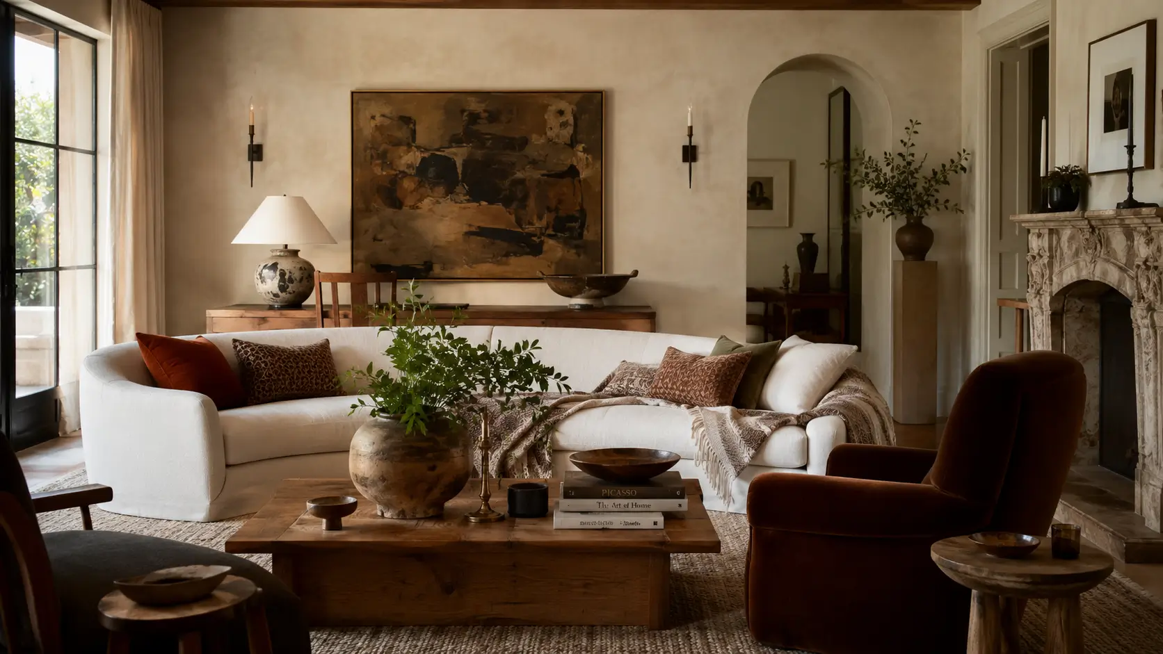 A sophisticated 2026 living room blending deep chocolate brown accents, textured warm neutrals, natural timber, and vintage heritage furnishings