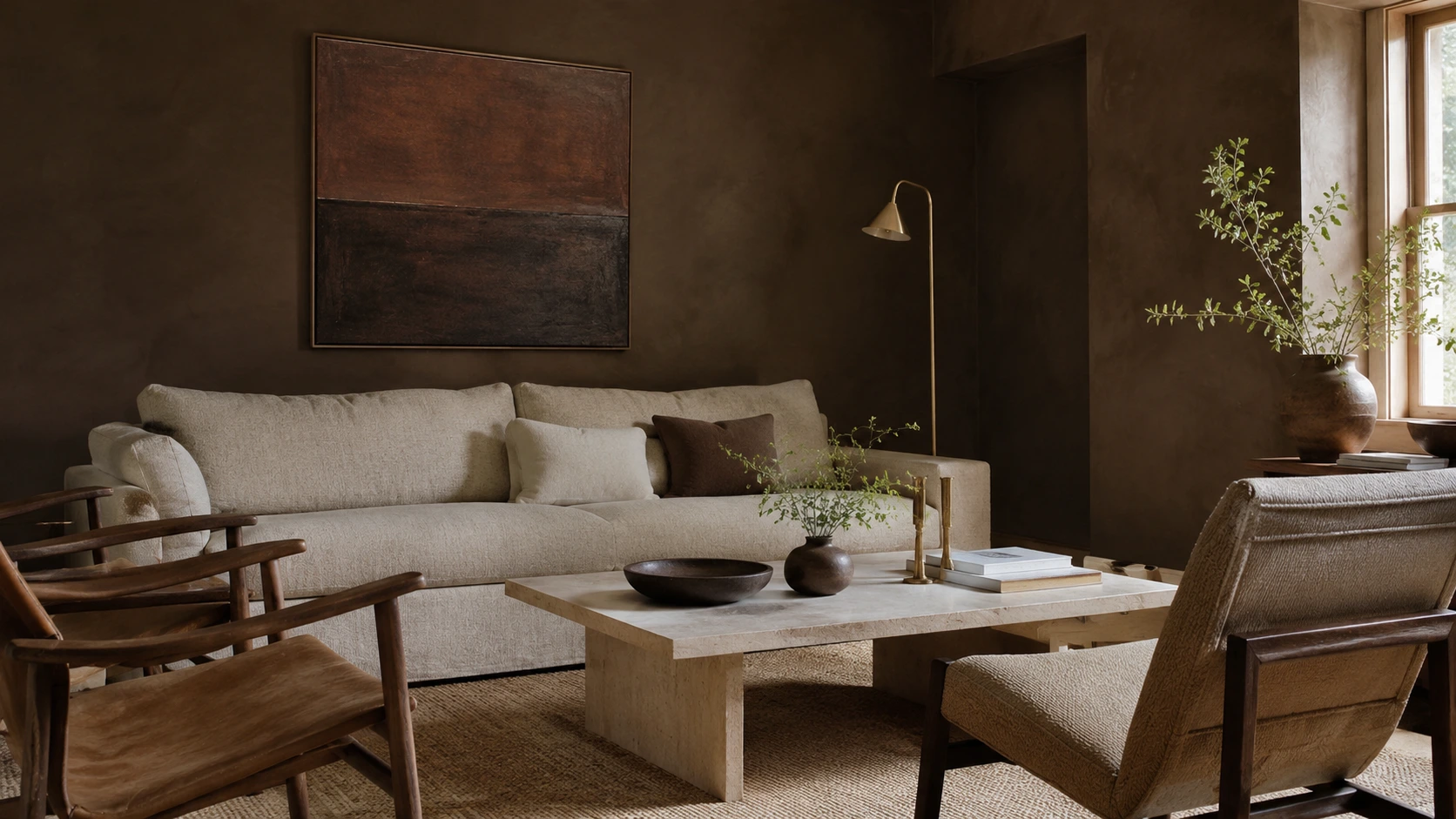 Warm chocolate brown upholstery and layered neutral curtains creating an inviting, deeply textured living space
