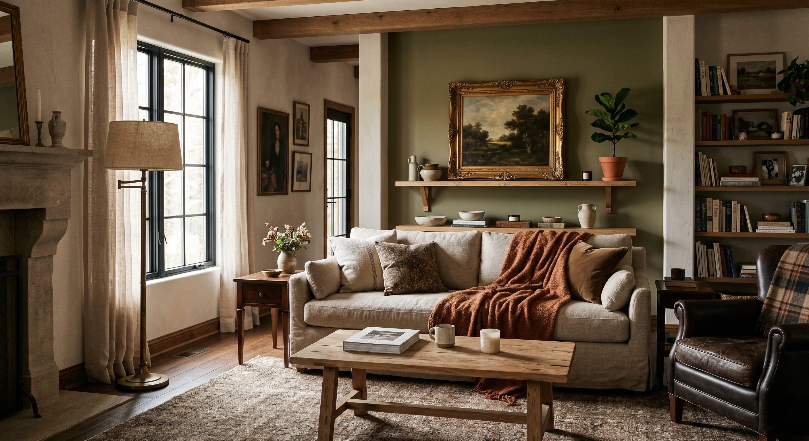 A curated Modern Heritage interior balancing historic architecture with tailored modern furnishings and tactile warmth