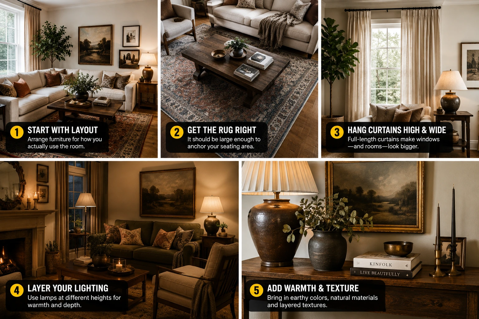 Warm layered lighting featuring architectural floor lamps and table lights casting soft evening ambiance