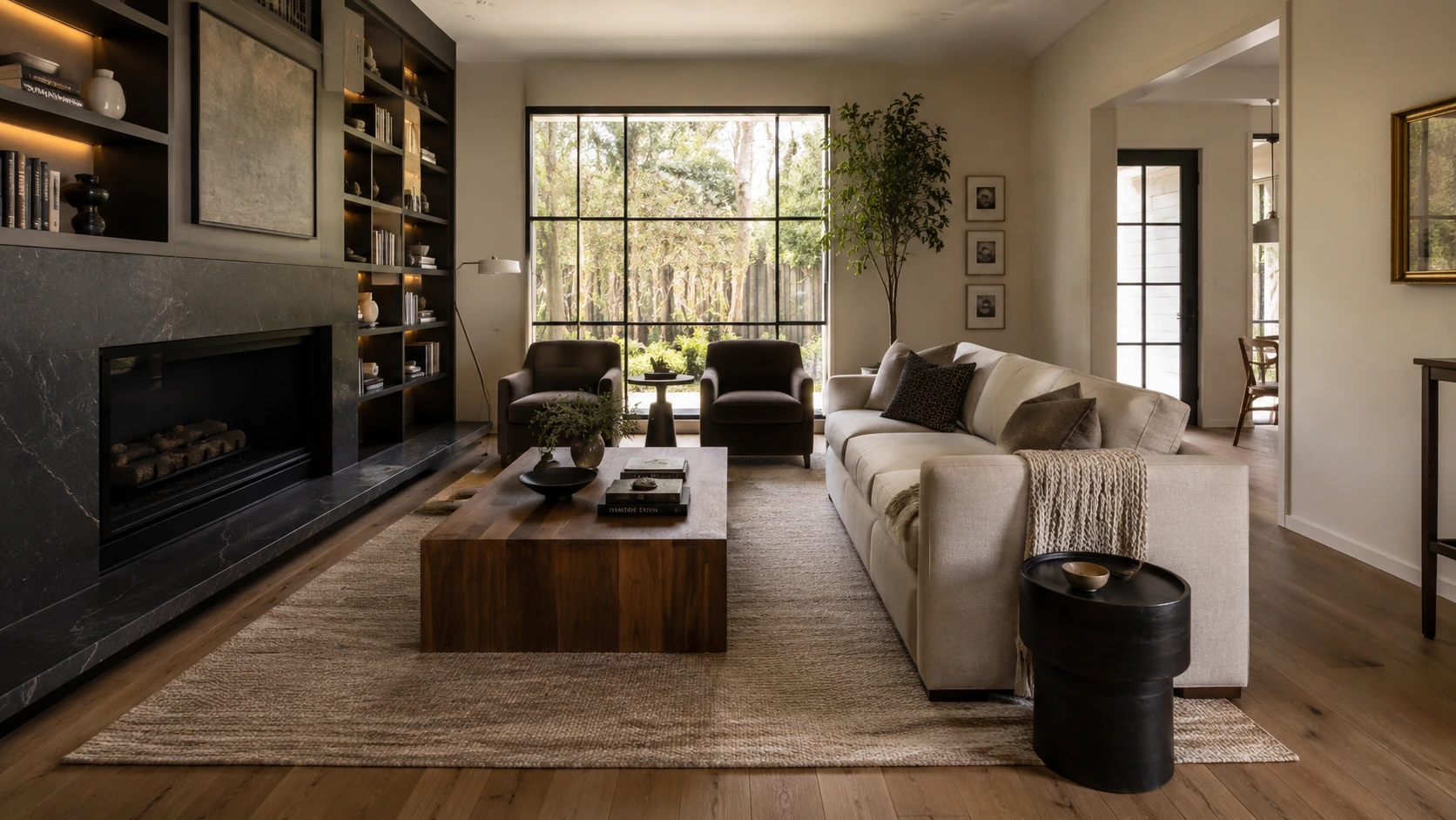 Living room walkway clearance and furniture dimension diagram showing 36-inch pathways and 18-inch coffee table clearance