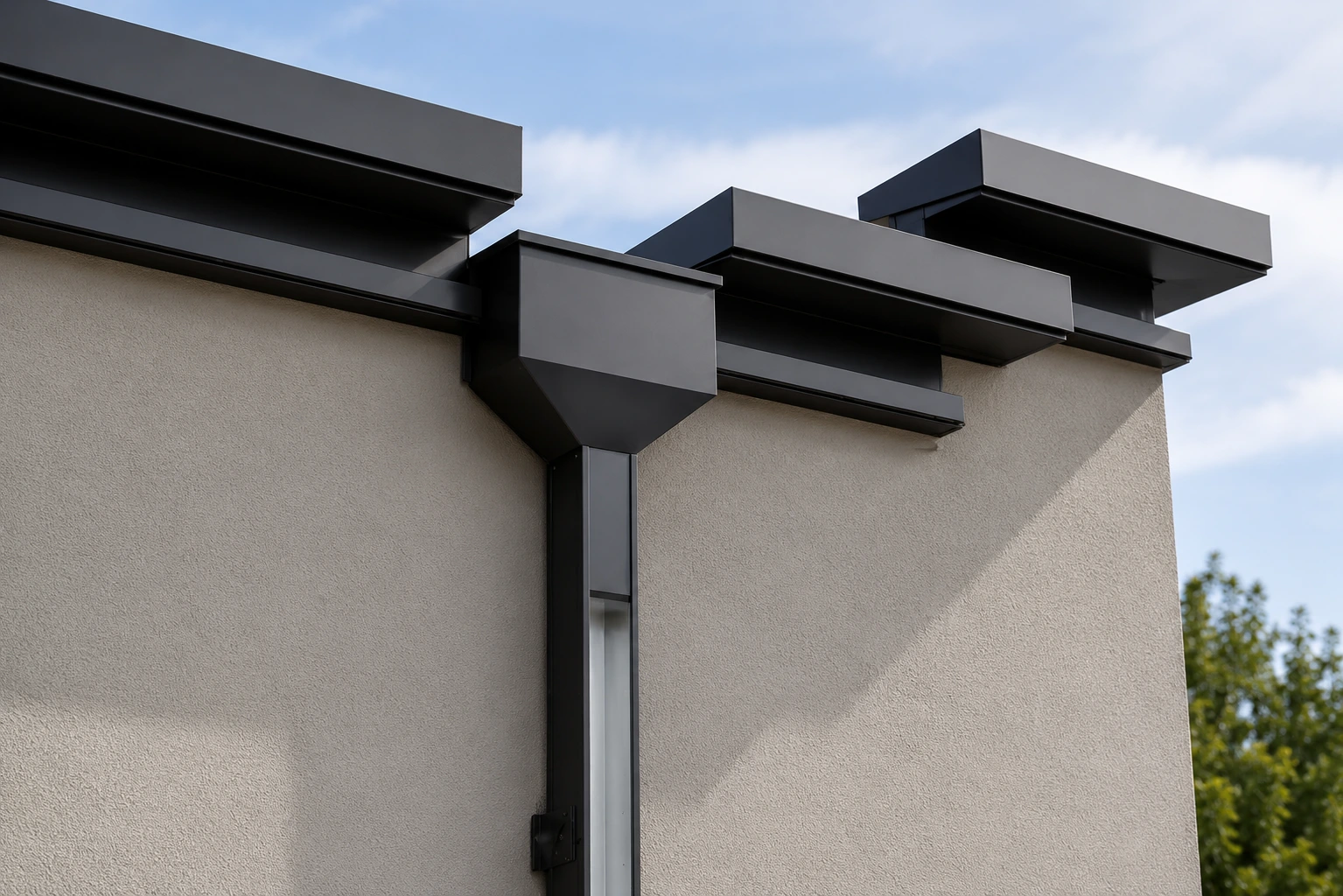 Precision engineered flat roof membrane system with tapered insulation and concealed architectural internal drainage scuppers
