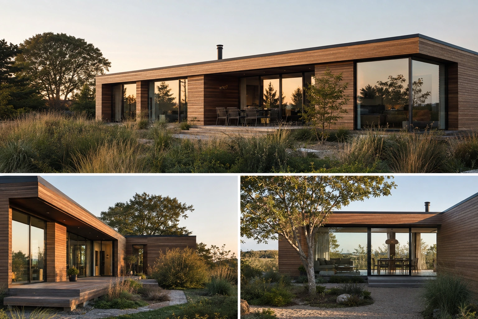 An architecturally designed modern home featuring low-pitch rooflines, expansive floor-to-ceiling glass, and seamless indoor-outdoor timber integration