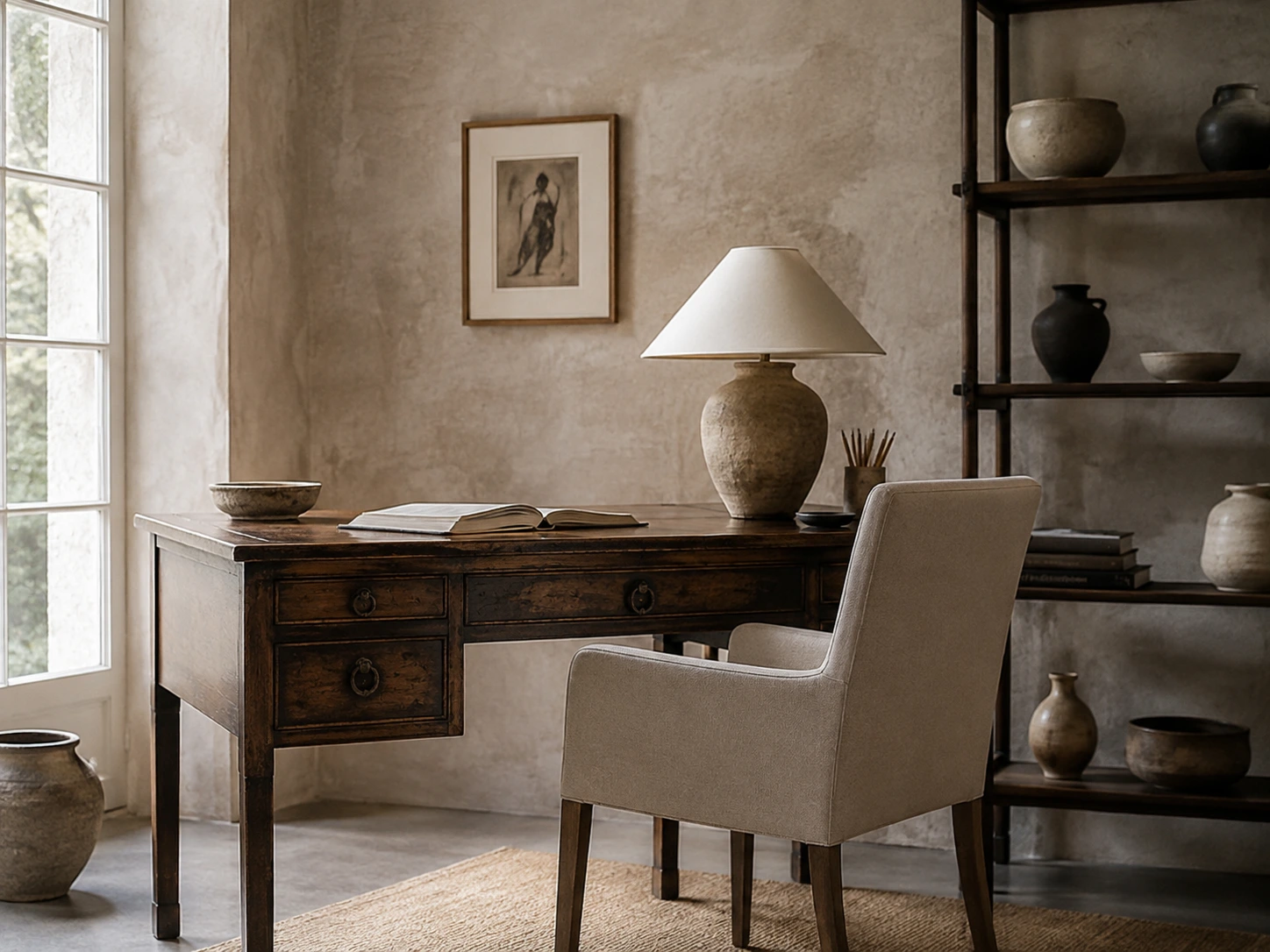 Tasteful vintage room styling focusing on streamlined forms, honest materials, and curated 1920s architectural details.