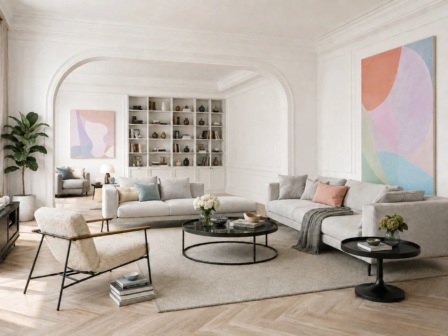 A warm minimalist living room showcasing balanced 55 to 75 LRV mineral lime plaster walls, 2700K indirect lighting, and acoustic wood slat architectural integration