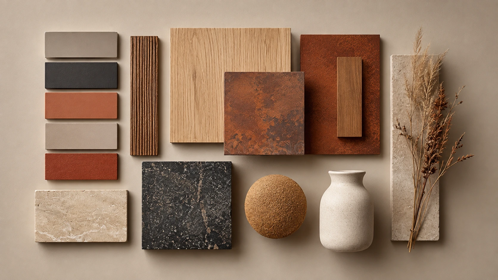 A curated 60-30-10 warm minimalist material palette featuring travertine, raw Belgian linen, matte white oak, and patinated bronze